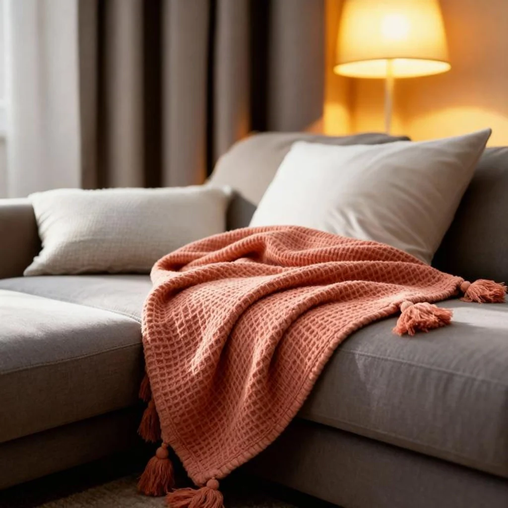 100% cotone plaid rosa salmone con pompon 130x170cm ARNISKA - Image 2