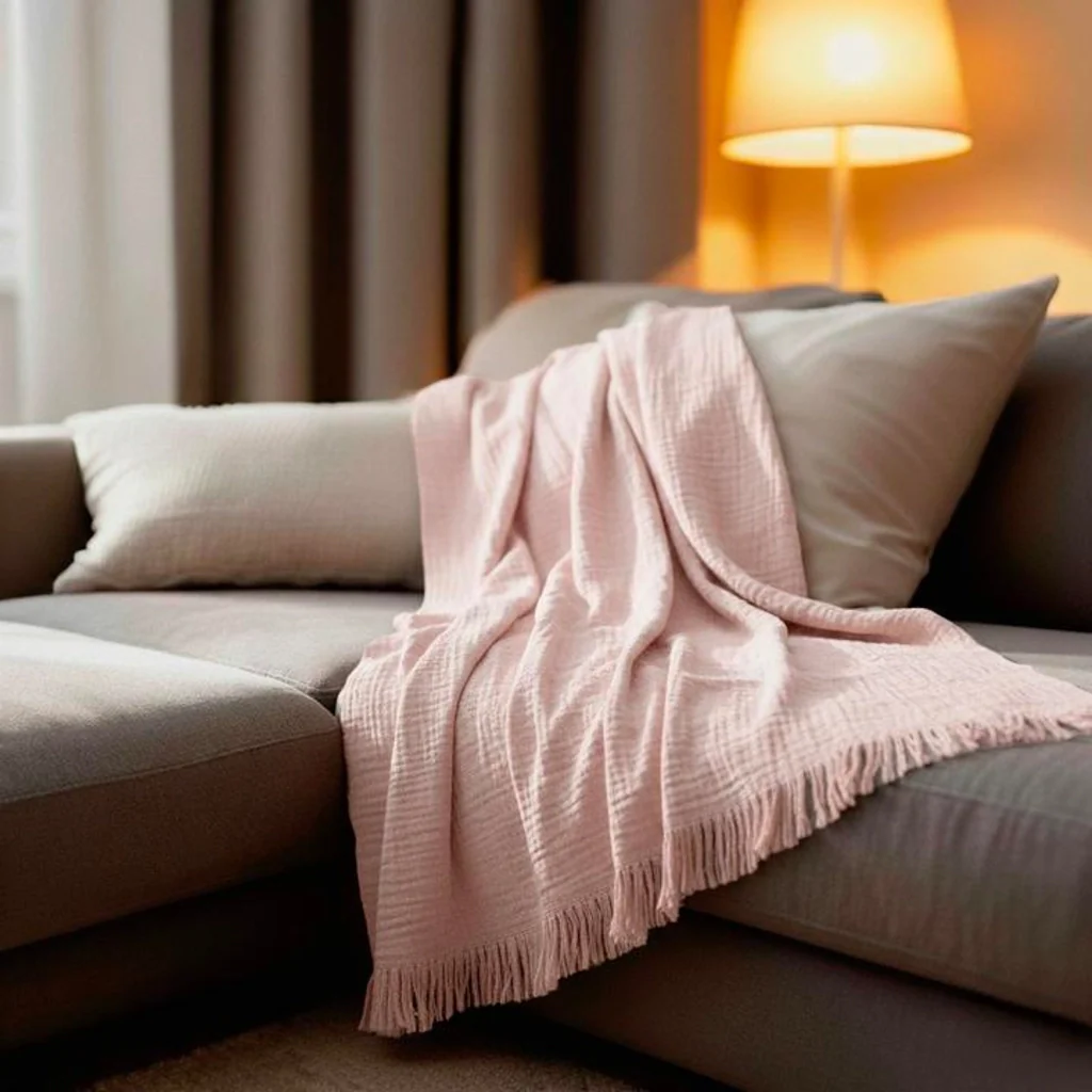 100% cotone rosa pallido plaid con frange 130x170cm BITALD - Image 3