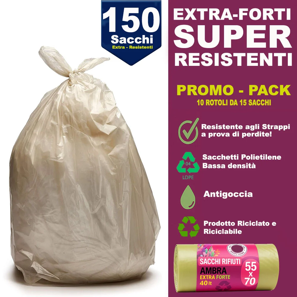 150 x Sacchetti per spazzatura Ambra Trasparenti Grandi e Resistenti 55 x 70 cm LDPE - Image 4