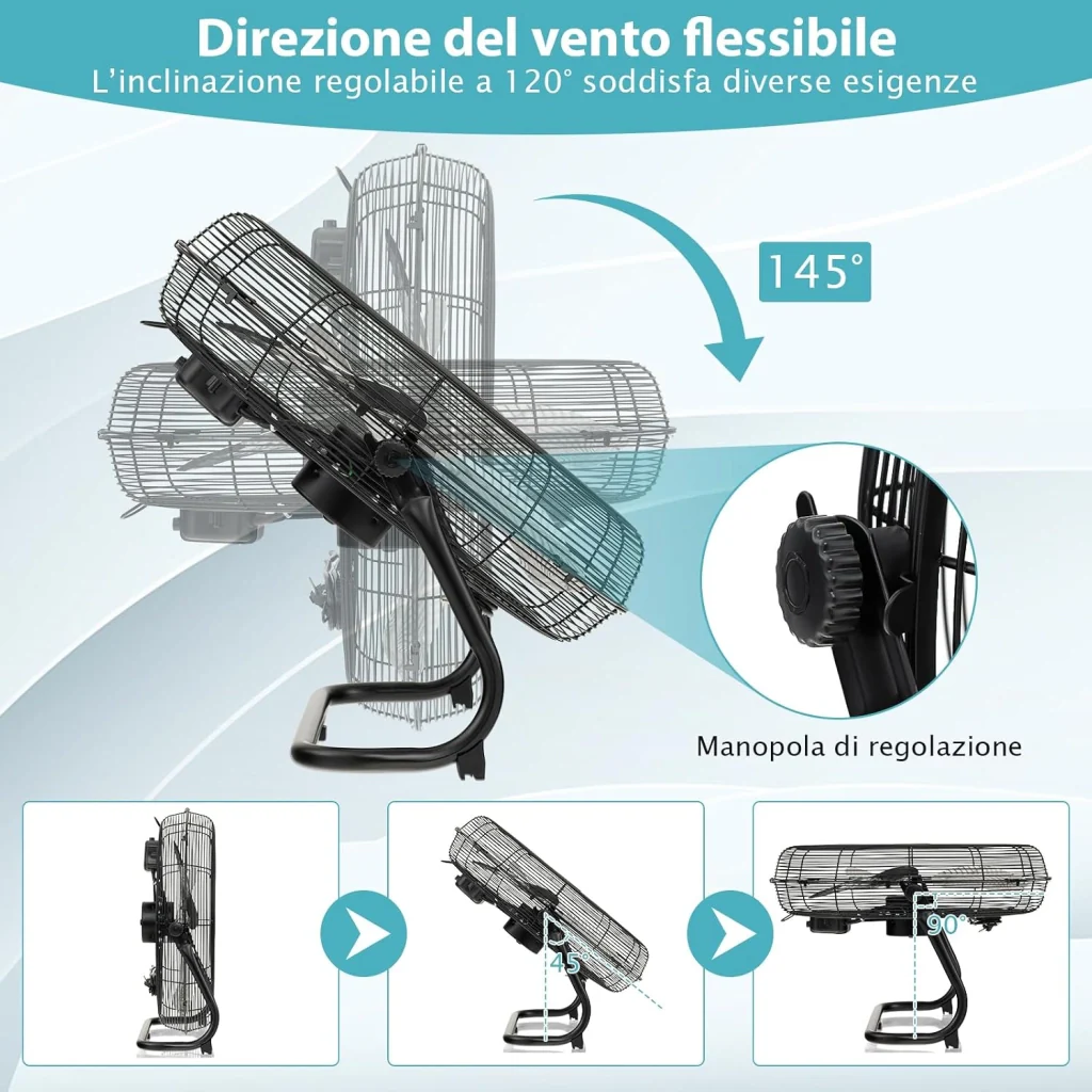 160W Ventilatore da Terra 50 cm, Ventilare Industriale a 3 Velocità Inclinazione di 145° e Pale in Metallo, Ventilatore da Pavimento per Magazzino Cantina Garage Palestra (Nero) - Image 4