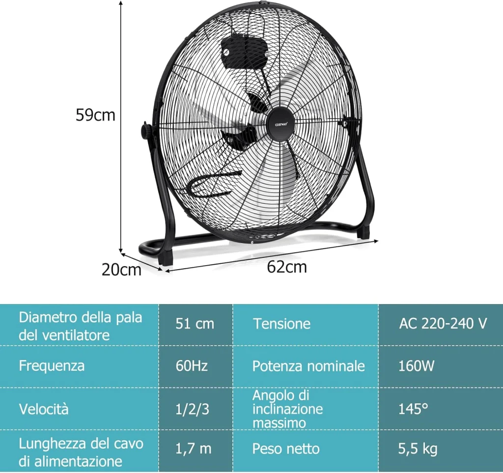 160W Ventilatore da Terra 50 cm, Ventilare Industriale a 3 Velocità Inclinazione di 145° e Pale in Metallo, Ventilatore da Pavimento per Magazzino Cantina Garage Palestra (Nero) - Image 6