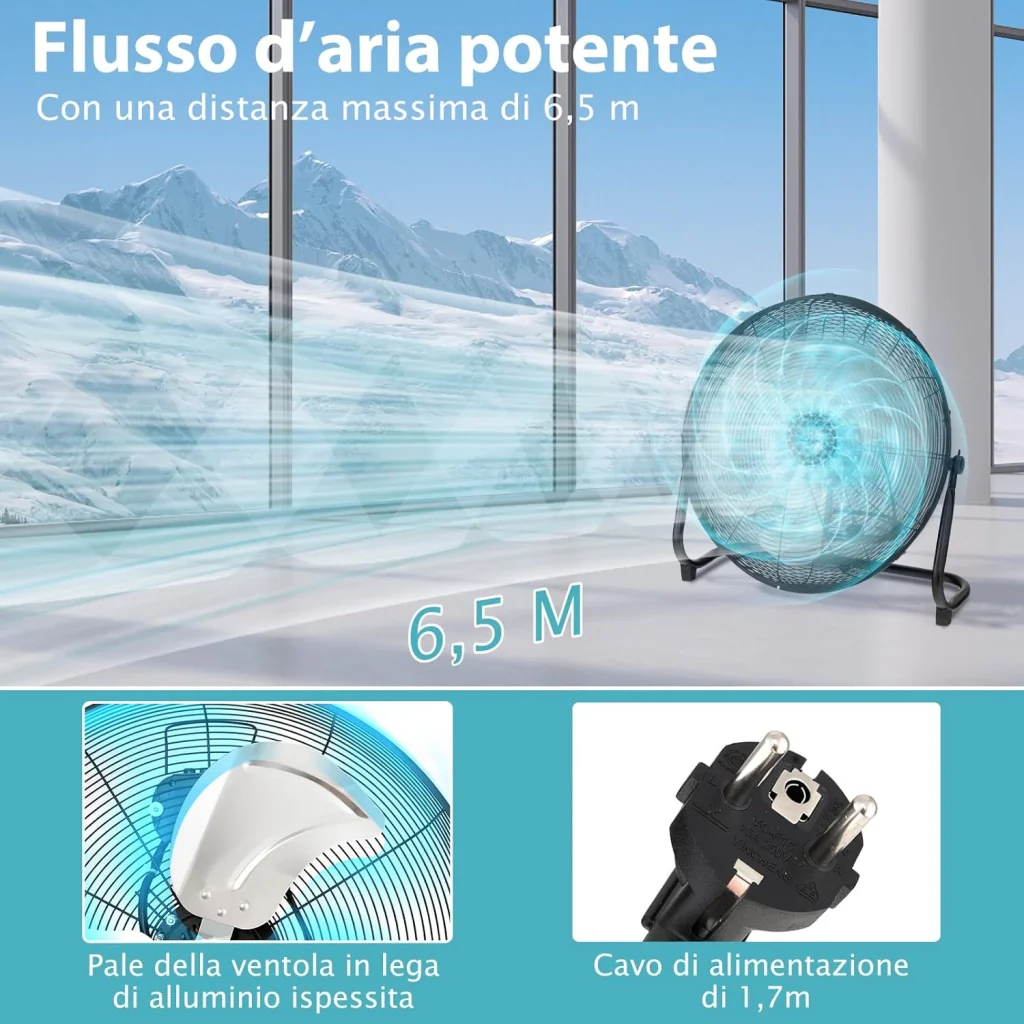 160W Ventilatore da Terra 50 cm, Ventilare Industriale a 3 Velocità Inclinazione di 145° e Pale in Metallo, Ventilatore da Pavimento per Magazzino Cantina Garage Palestra (Nero) - Image 7