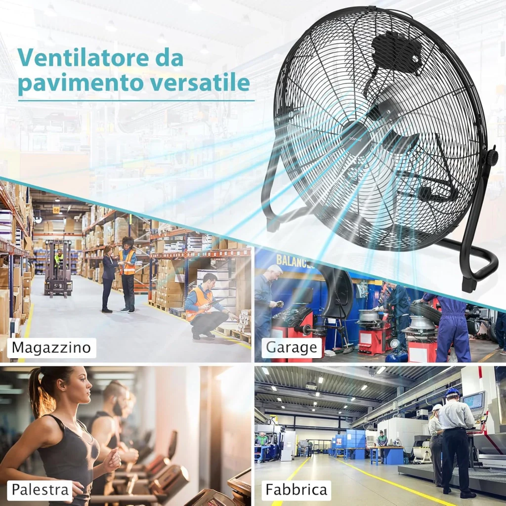 160W Ventilatore da Terra 50 cm, Ventilare Industriale a 3 Velocità Inclinazione di 145° e Pale in Metallo, Ventilatore da Pavimento per Magazzino Cantina Garage Palestra (Nero) - Image 8