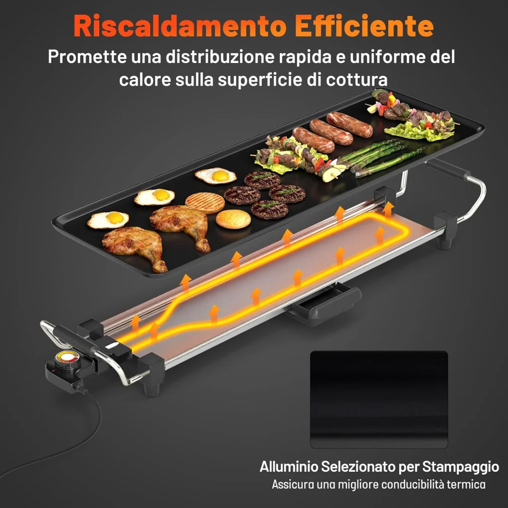 1800W Piastra Elettrica, Barbecue Elettrico con Temperatura Regolabile, Termostati e Vassoio di Sgocciolamento, Griglia Antiaderente (70 x 22 cm) - Image 3