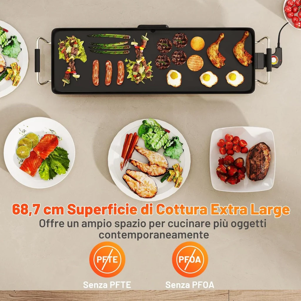 1800W Piastra Elettrica, Barbecue Elettrico con Temperatura Regolabile, Termostati e Vassoio di Sgocciolamento, Griglia Antiaderente (70 x 22 cm) - Image 5
