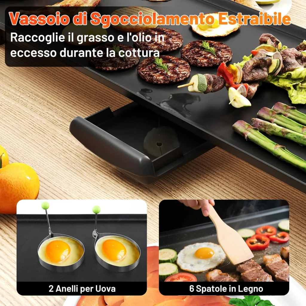 1800W Piastra Elettrica, Barbecue Elettrico con Temperatura Regolabile, Termostati e Vassoio di Sgocciolamento, Griglia Antiaderente (70 x 22 cm) - Image 7