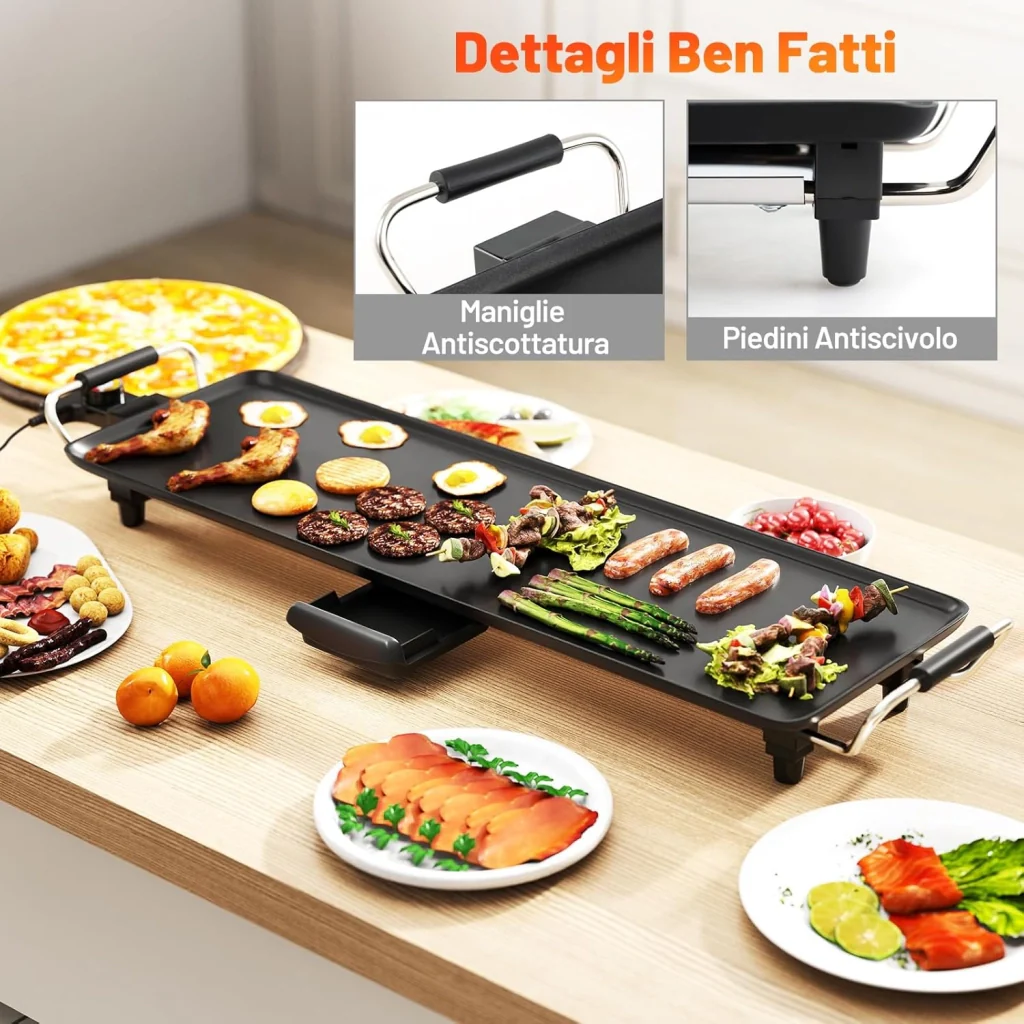 1800W Piastra Elettrica, Barbecue Elettrico con Temperatura Regolabile, Termostati e Vassoio di Sgocciolamento, Griglia Antiaderente (70 x 22 cm) - Image 8