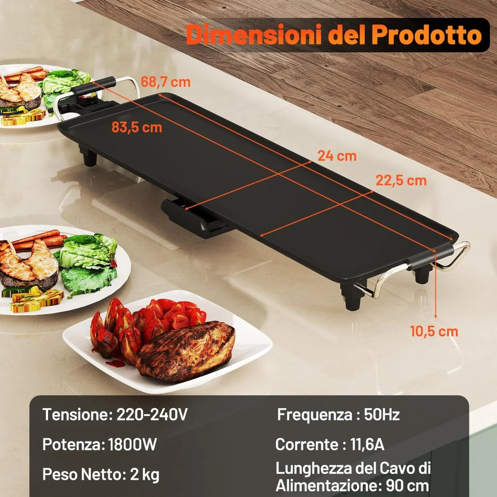 1800W Piastra Elettrica, Barbecue Elettrico con Temperatura Regolabile, Termostati e Vassoio di Sgocciolamento, Griglia Antiaderente (70 x 22 cm) - Image 9