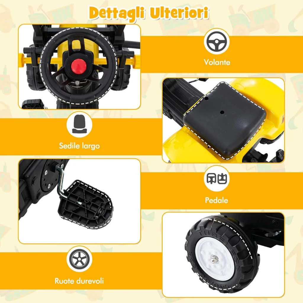 3 in 1 Escavatore per Bambini, Trattore con Rimorchio Staccabile Cavalcabile per Bambini, con 6 Ruote e 2 Benne, per Bambini 3-6 Anni (Giallo) - Image 5