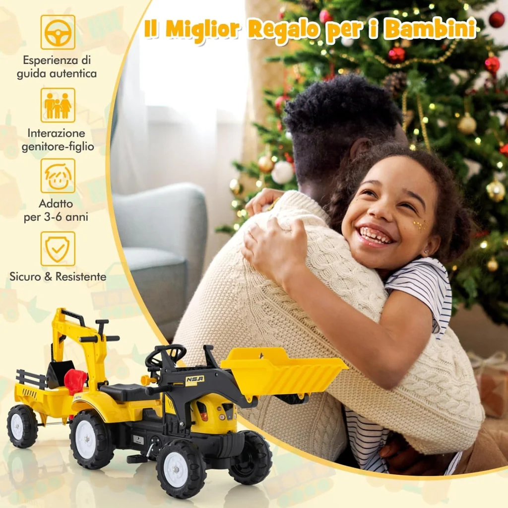 3 in 1 Escavatore per Bambini, Trattore con Rimorchio Staccabile Cavalcabile per Bambini, con 6 Ruote e 2 Benne, per Bambini 3-6 Anni (Giallo) - Image 7