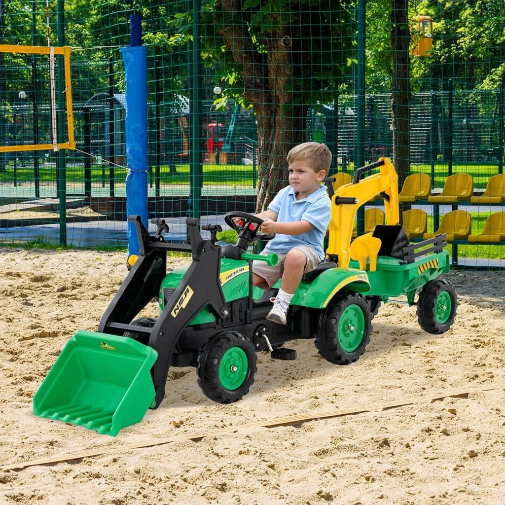 3 in 1 Escavatore per Bambini, Trattore con Rimorchio Staccabile Cavalcabile per Bambini, con 6 Ruote e 2 Benne, per Bambini 3-6 Anni (Verde) - Image 2