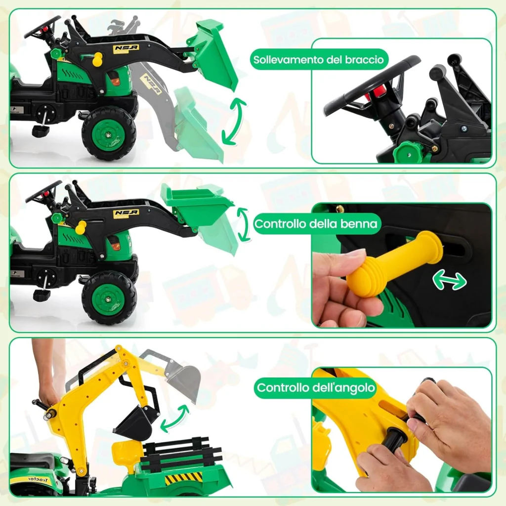 3 in 1 Escavatore per Bambini, Trattore con Rimorchio Staccabile Cavalcabile per Bambini, con 6 Ruote e 2 Benne, per Bambini 3-6 Anni (Verde) - Image 3
