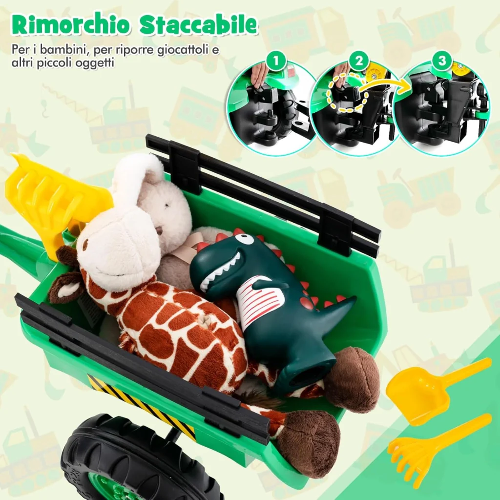 3 in 1 Escavatore per Bambini, Trattore con Rimorchio Staccabile Cavalcabile per Bambini, con 6 Ruote e 2 Benne, per Bambini 3-6 Anni (Verde) - Image 4