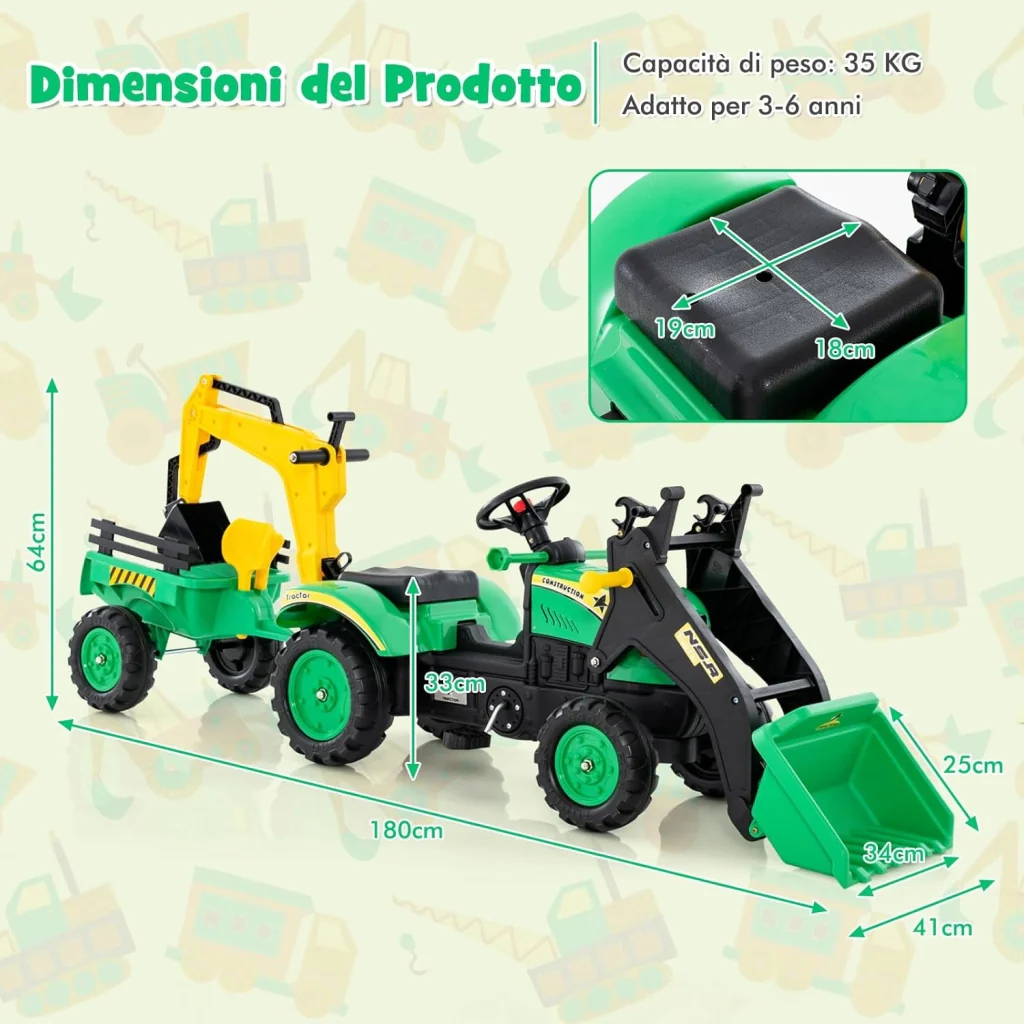3 in 1 Escavatore per Bambini, Trattore con Rimorchio Staccabile Cavalcabile per Bambini, con 6 Ruote e 2 Benne, per Bambini 3-6 Anni (Verde) - Image 6