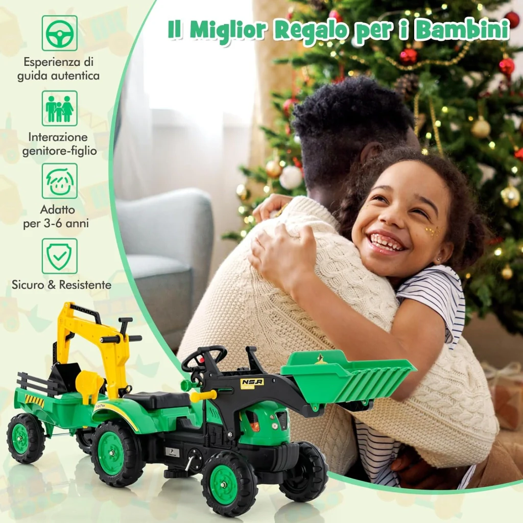 3 in 1 Escavatore per Bambini, Trattore con Rimorchio Staccabile Cavalcabile per Bambini, con 6 Ruote e 2 Benne, per Bambini 3-6 Anni (Verde) - Image 7