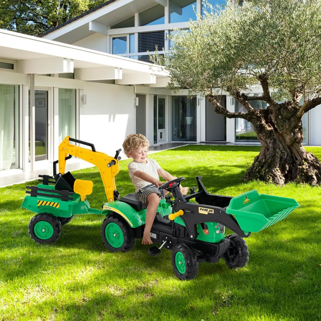3 in 1 Escavatore per Bambini, Trattore con Rimorchio Staccabile Cavalcabile per Bambini, con 6 Ruote e 2 Benne, per Bambini 3-6 Anni (Verde) - Image 8
