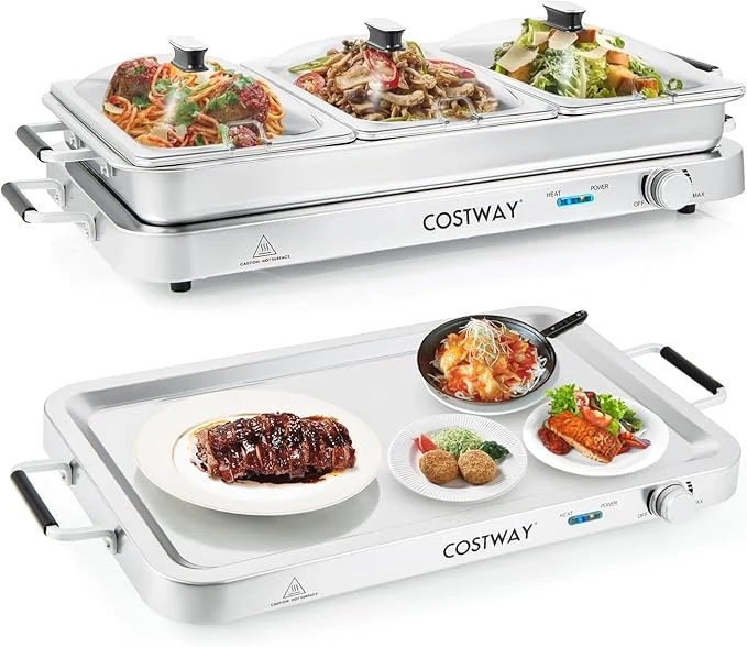 9 L Scaldavivande Elettrico Portatile, 2 in 1 Vassoio Riscaldante Elettrico con Controllo della Temperatura, Scalda Vivande in Acciaio da 450W con 3 Vassoi, per Buffet Feste