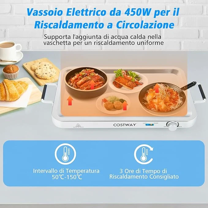 9 L Scaldavivande Elettrico Portatile, 2 in 1 Vassoio Riscaldante Elettrico con Controllo della Temperatura, Scalda Vivande in Acciaio da 450W con 3 Vassoi, per Buffet Feste - Image 3
