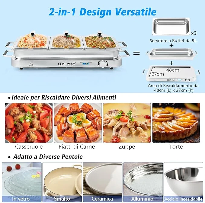 9 L Scaldavivande Elettrico Portatile, 2 in 1 Vassoio Riscaldante Elettrico con Controllo della Temperatura, Scalda Vivande in Acciaio da 450W con 3 Vassoi, per Buffet Feste - Image 4