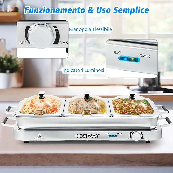 9 L Scaldavivande Elettrico Portatile, 2 in 1 Vassoio Riscaldante Elettrico con Controllo della Temperatura, Scalda Vivande in Acciaio da 450W con 3 Vassoi, per Buffet Feste - Image 5