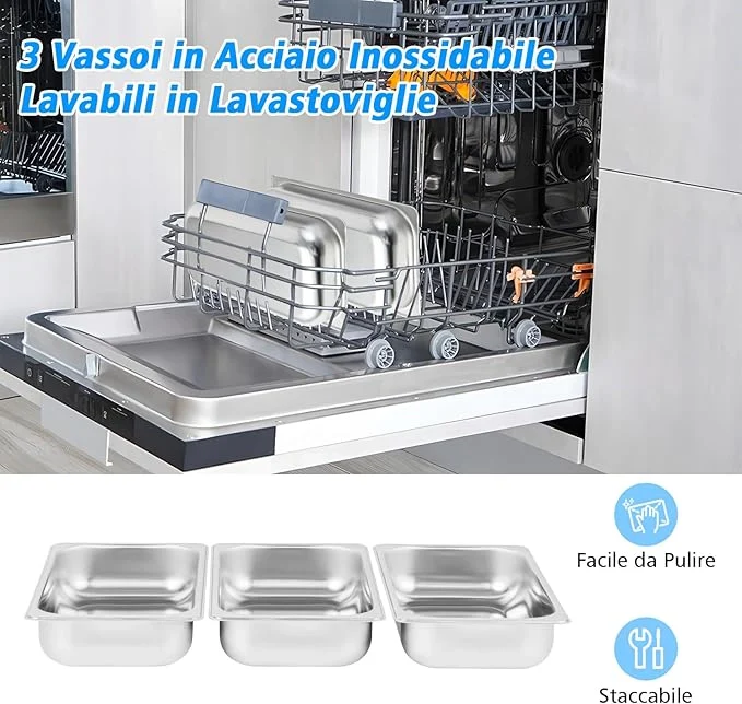 9 L Scaldavivande Elettrico Portatile, 2 in 1 Vassoio Riscaldante Elettrico con Controllo della Temperatura, Scalda Vivande in Acciaio da 450W con 3 Vassoi, per Buffet Feste - Image 6