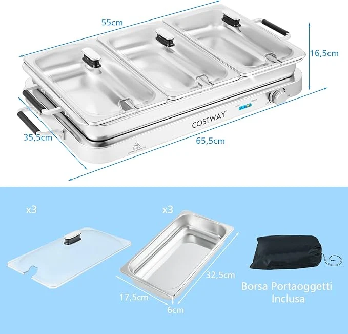 9 L Scaldavivande Elettrico Portatile, 2 in 1 Vassoio Riscaldante Elettrico con Controllo della Temperatura, Scalda Vivande in Acciaio da 450W con 3 Vassoi, per Buffet Feste - Image 7