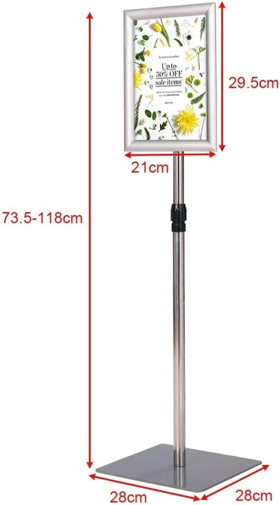 A4 Poster Stand, Espositore da Pavimento, Supporto Poster/Menù per Pubblicità da Terra, Girevole a 360 Gradi, Regolabile in Altezza (Argento A4) - Image 2