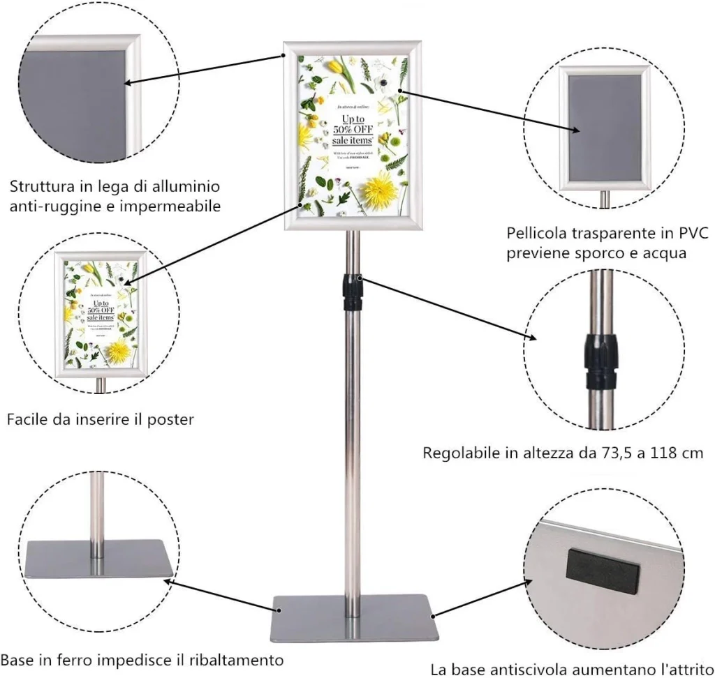 A4 Poster Stand, Espositore da Pavimento, Supporto Poster/Menù per Pubblicità da Terra, Girevole a 360 Gradi, Regolabile in Altezza (Argento A4) - Image 6