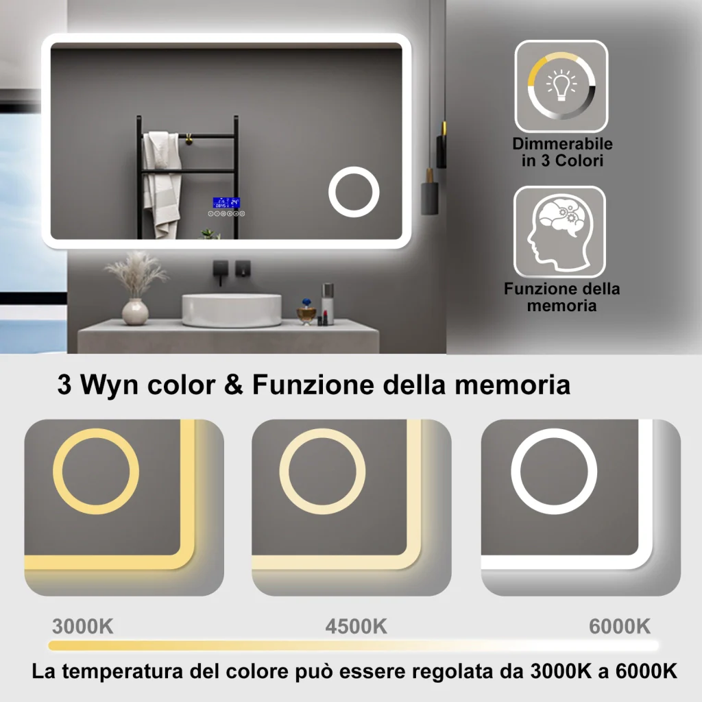 AICA Specchio da bagno 120 x 70 cm, dimmerabile, Blue tooth, Funzione Memoria, antiappannamento, 3 colori, Magnificatore, orologio - Image 3