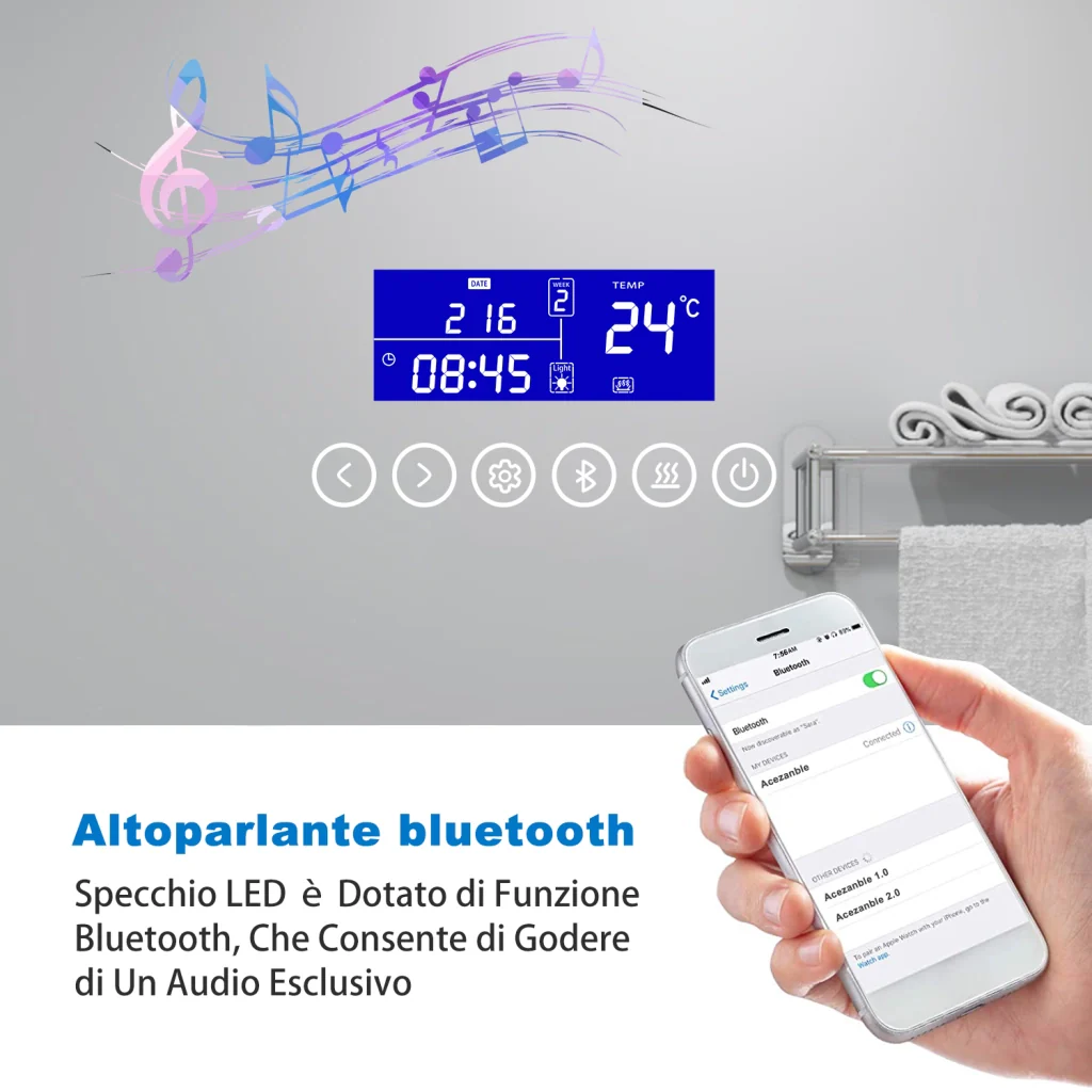 Aica Specchio da bagno bluetooth 120x70cm con antiappannamento + dimmerabile + 3 colori + ingrandimento 3X - Image 5
