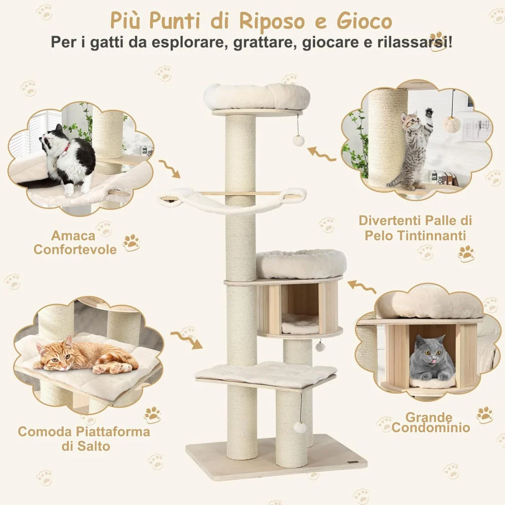 Albero per Gatti in Legno Massiccio da 174 CM, Torre per Gatti a 4 Livelli con Pali Sisal, Nicchia per Gatti, Trespoli, Amaca, Palline, Albero Tiragraffi per Gattini e Gatti Adulti - Image 3