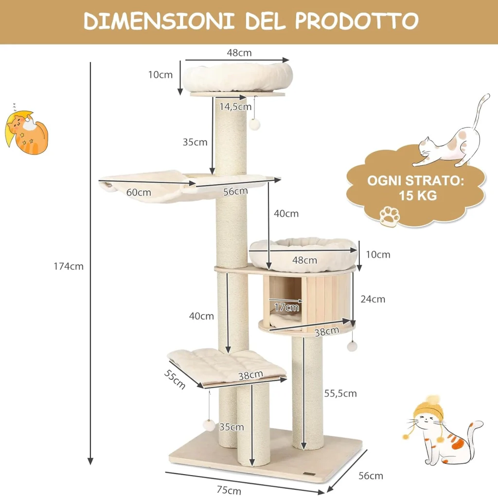 Albero per Gatti in Legno Massiccio da 174 CM, Torre per Gatti a 4 Livelli con Pali Sisal, Nicchia per Gatti, Trespoli, Amaca, Palline, Albero Tiragraffi per Gattini e Gatti Adulti - Image 5