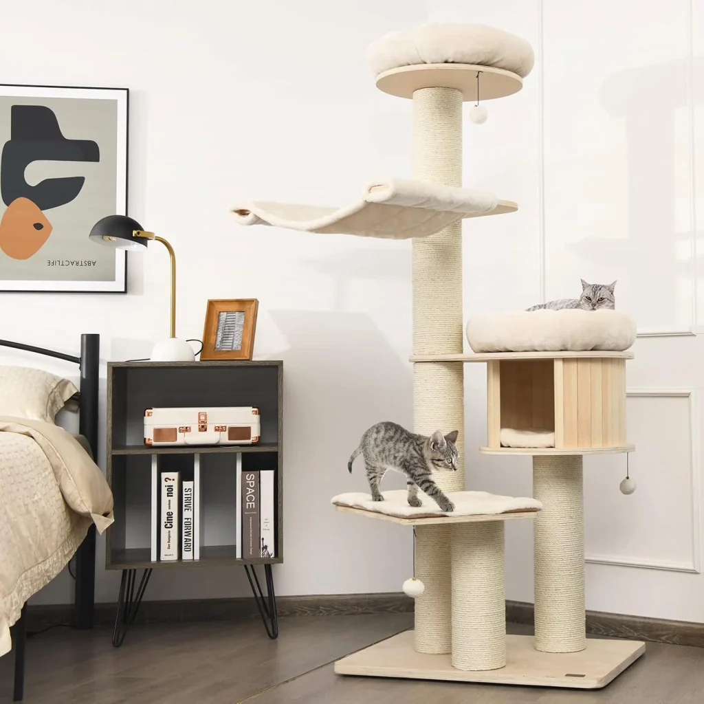 Albero per Gatti in Legno Massiccio da 174 CM, Torre per Gatti a 4 Livelli con Pali Sisal, Nicchia per Gatti, Trespoli, Amaca, Palline, Albero Tiragraffi per Gattini e Gatti Adulti - Image 7