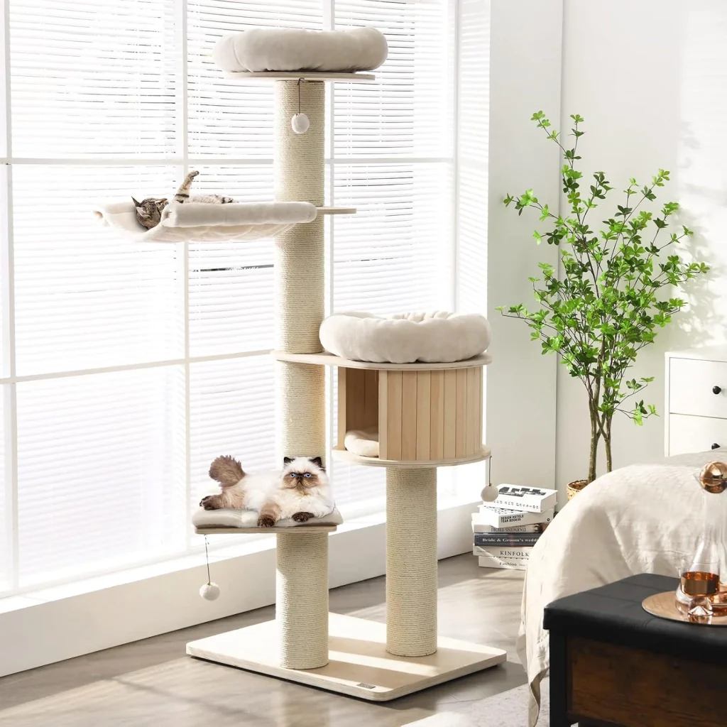 Albero per Gatti in Legno Massiccio da 174 CM, Torre per Gatti a 4 Livelli con Pali Sisal, Nicchia per Gatti, Trespoli, Amaca, Palline, Albero Tiragraffi per Gattini e Gatti Adulti - Image 8