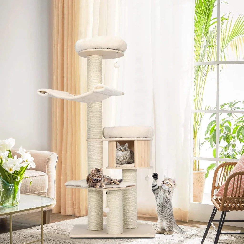 Albero per Gatti in Legno Massiccio da 174 CM, Torre per Gatti a 4 Livelli con Pali Sisal, Nicchia per Gatti, Trespoli, Amaca, Palline, Albero Tiragraffi per Gattini e Gatti Adulti - Image 9