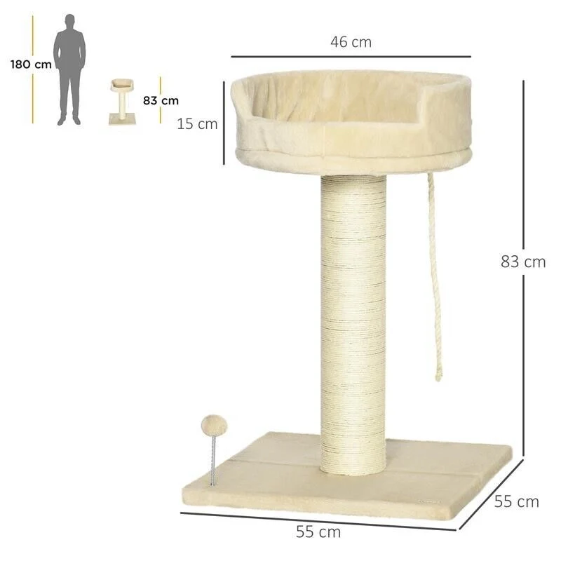 ALBERO TIRAGRAFFI PER GATTI CON LETTINO E PALLINA IN PELUCHE E PALO IN SISAL 55X55X83CM BEIGE - Image 6