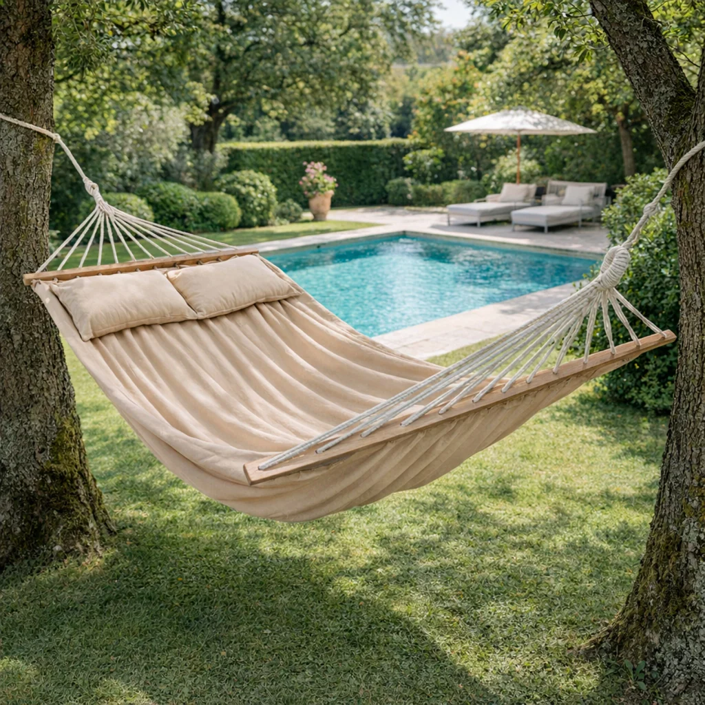 Amaca Matrimoniale Relax Per Giardino Piscina E Terrazza Con Barre In Legno Cuscini Inclusi E Tessuto Cotone Poliestere Resistente 300 Kg 240 x 150 Cm Beige - Image 2