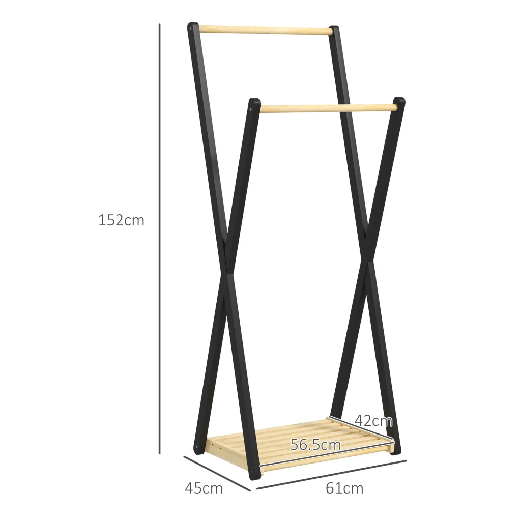 Appendiabiti da Terra con 2 Barre e Ripiano Inferiore Design Moderno 61x45x152 cm in Legno - Image 3