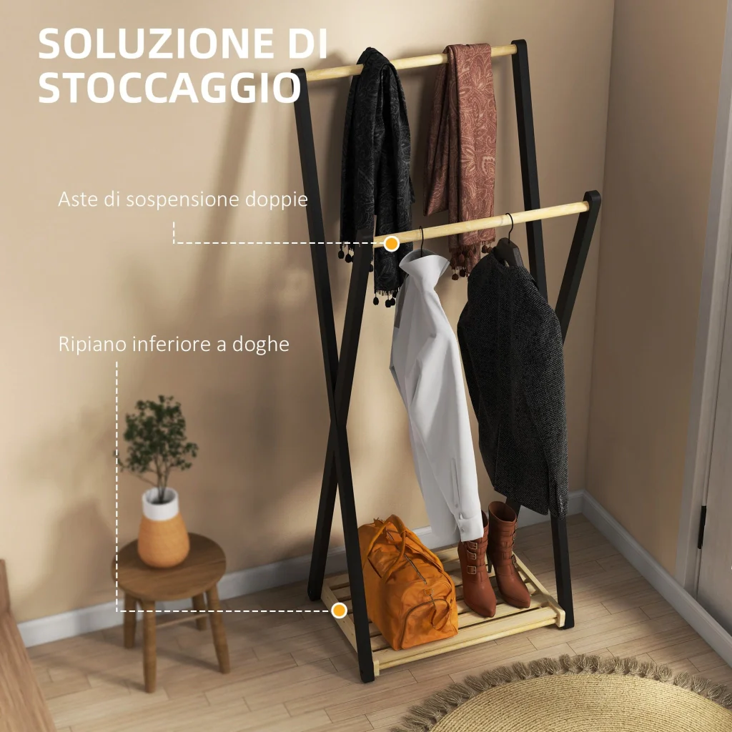 Appendiabiti da Terra con 2 Barre e Ripiano Inferiore Design Moderno 61x45x152 cm in Legno - Image 4