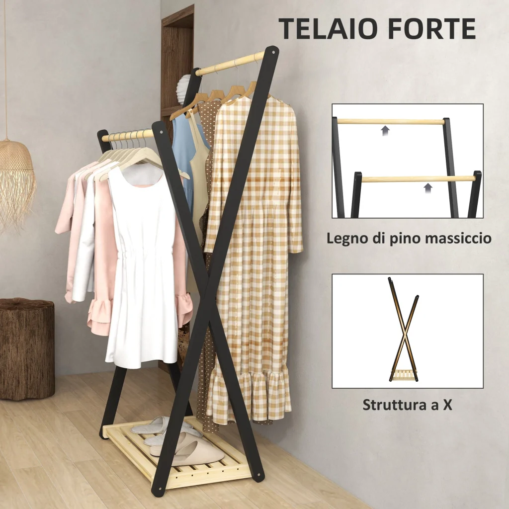 Appendiabiti da Terra con 2 Barre e Ripiano Inferiore Design Moderno 61x45x152 cm in Legno - Image 5