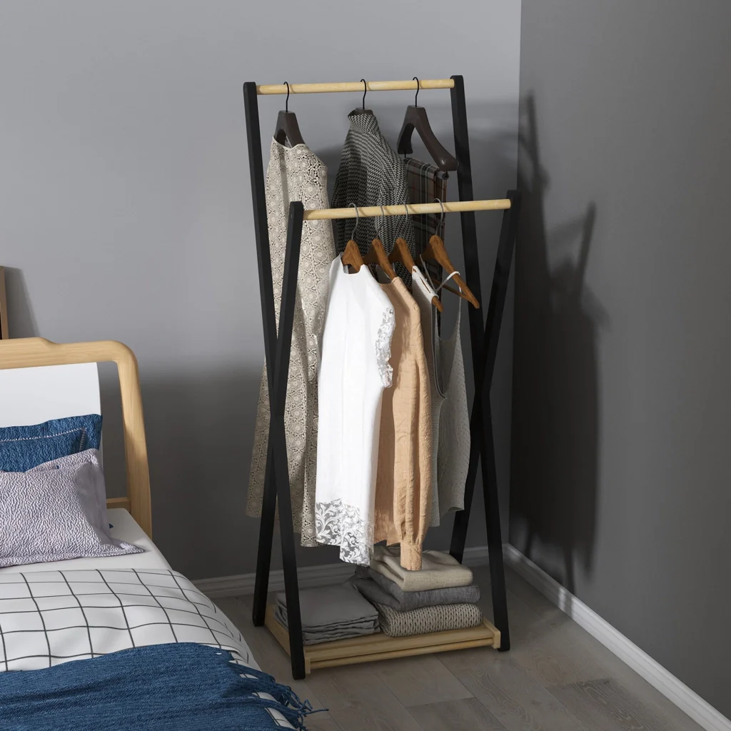 Appendiabiti da Terra con 2 Barre e Ripiano Inferiore Design Moderno 61x45x152 cm in Legno - Image 6