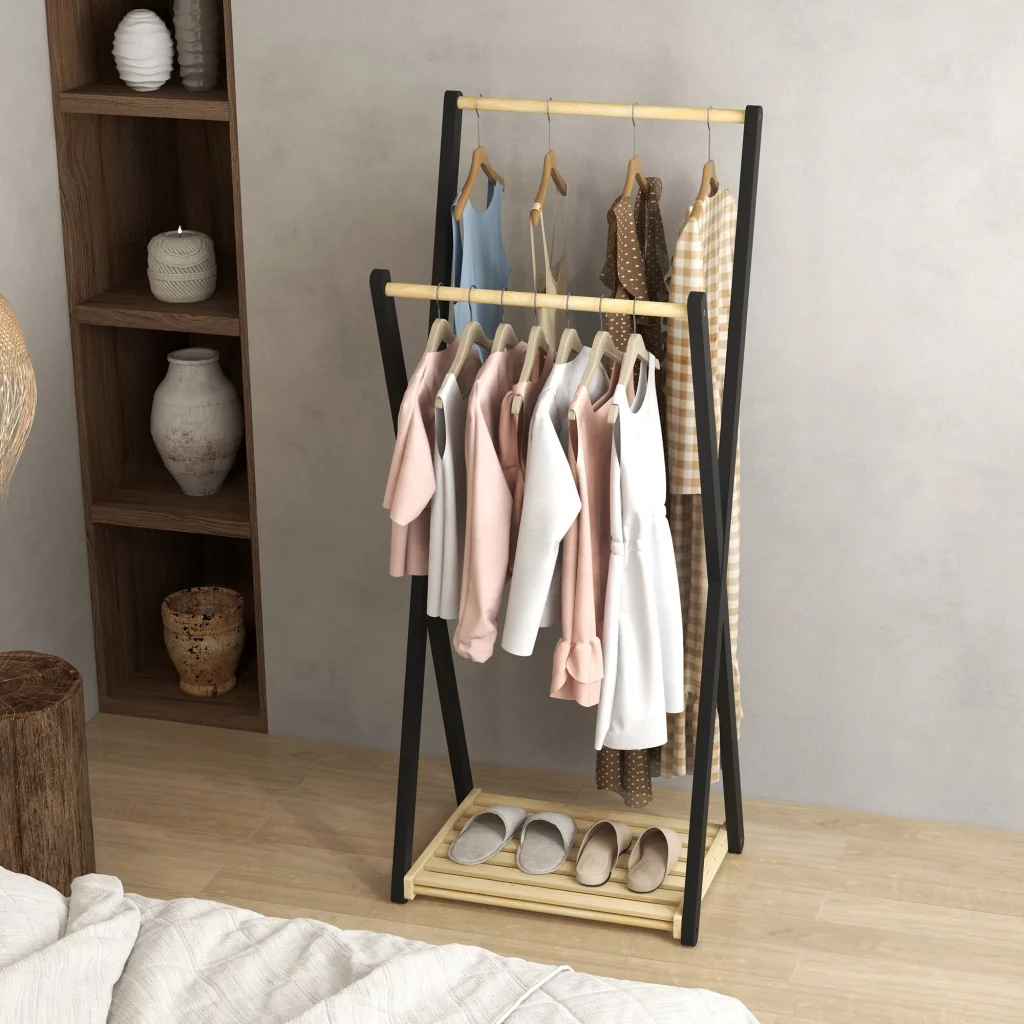 Appendiabiti da Terra con 2 Barre e Ripiano Inferiore Design Moderno 61x45x152 cm in Legno - Image 7