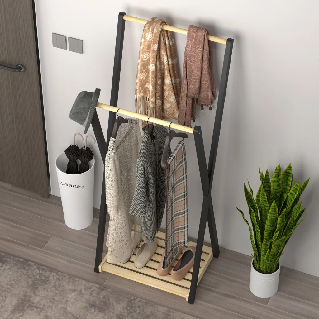 Appendiabiti da Terra con 2 Barre e Ripiano Inferiore Design Moderno 61x45x152 cm in Legno - Image 8