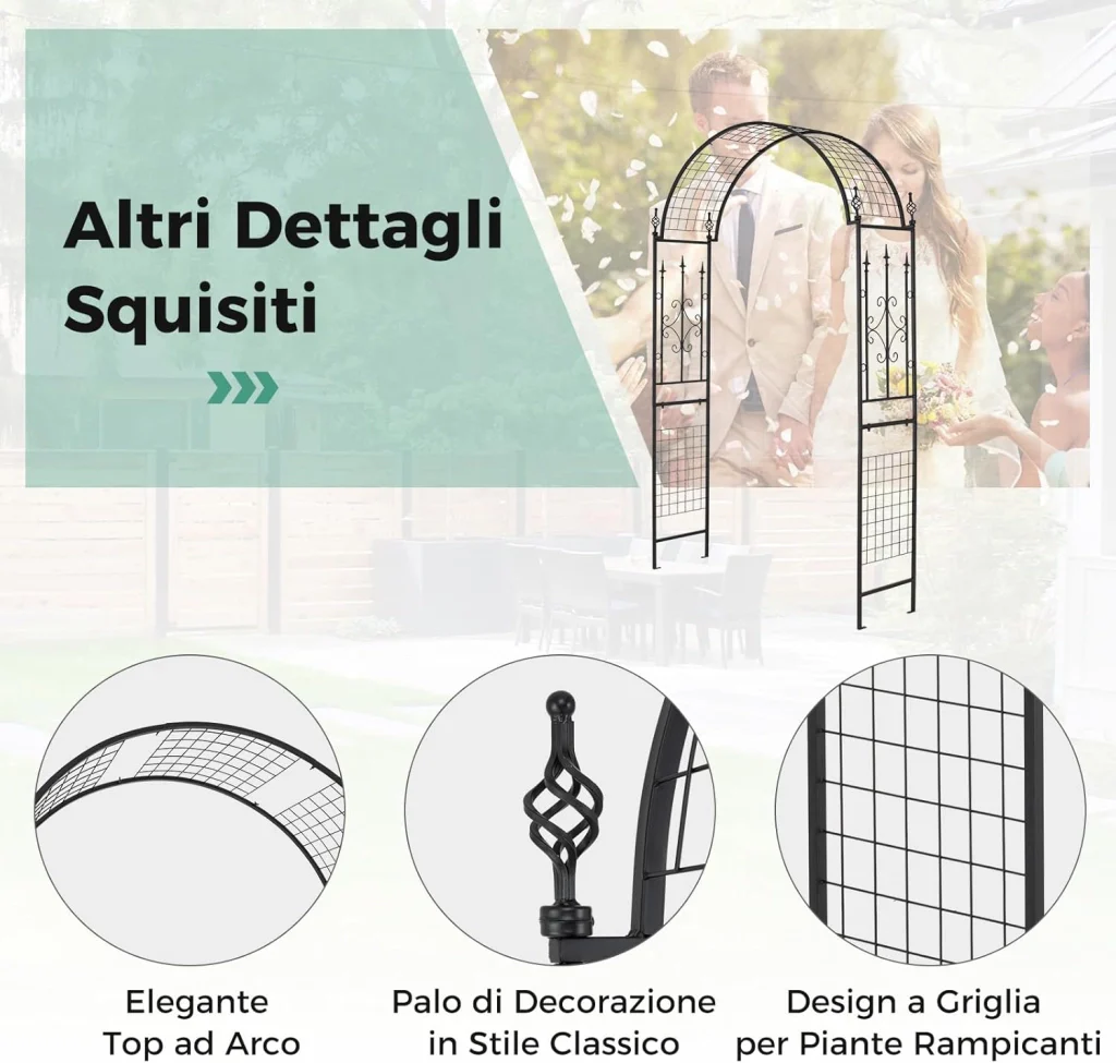 Arco da Giardino per Rampicanti, Arco da Giardino Supporto per Rose in Metallo Zincato Resistente, Arco Decorativo a Cupola per Feste e Ceremonie, 143 x 40 x 234 cm, Nero - Image 4
