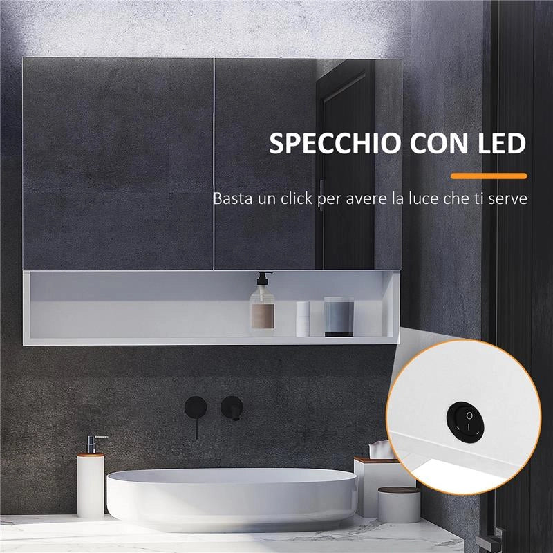 ARMADIETTO CON SPECCHIO A MURO E LUCI A LED E RIPIANO 80X15X60CM - Image 8