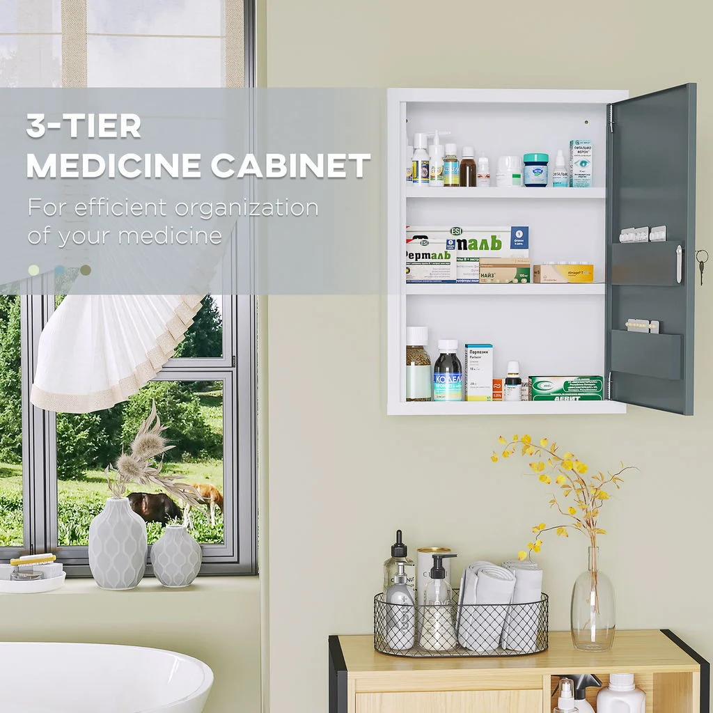 ARMADIETTO MEDICINALI CON 3 RIPIANI E BLOCCO CON CHIAVI IN ACCIAIO, 40X15X53.5CM, BIANCO E GRIGIO - Image 10