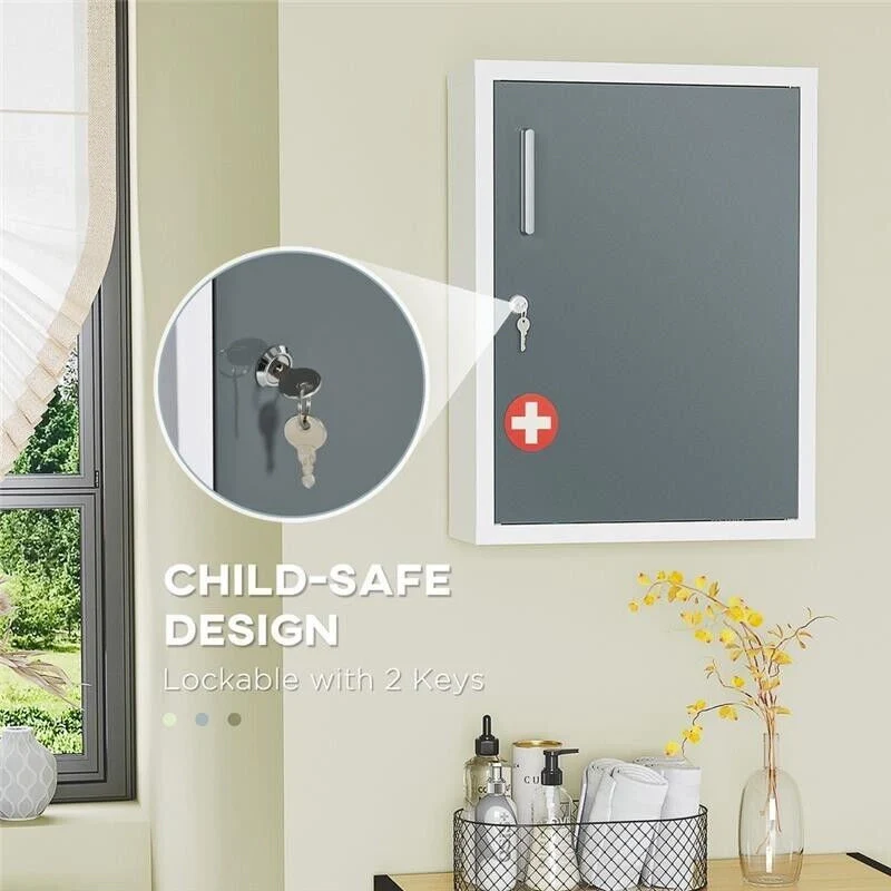 ARMADIETTO MEDICINALI CON 3 RIPIANI E BLOCCO CON CHIAVI IN ACCIAIO, 40X15X53.5CM, BIANCO E GRIGIO - Image 4