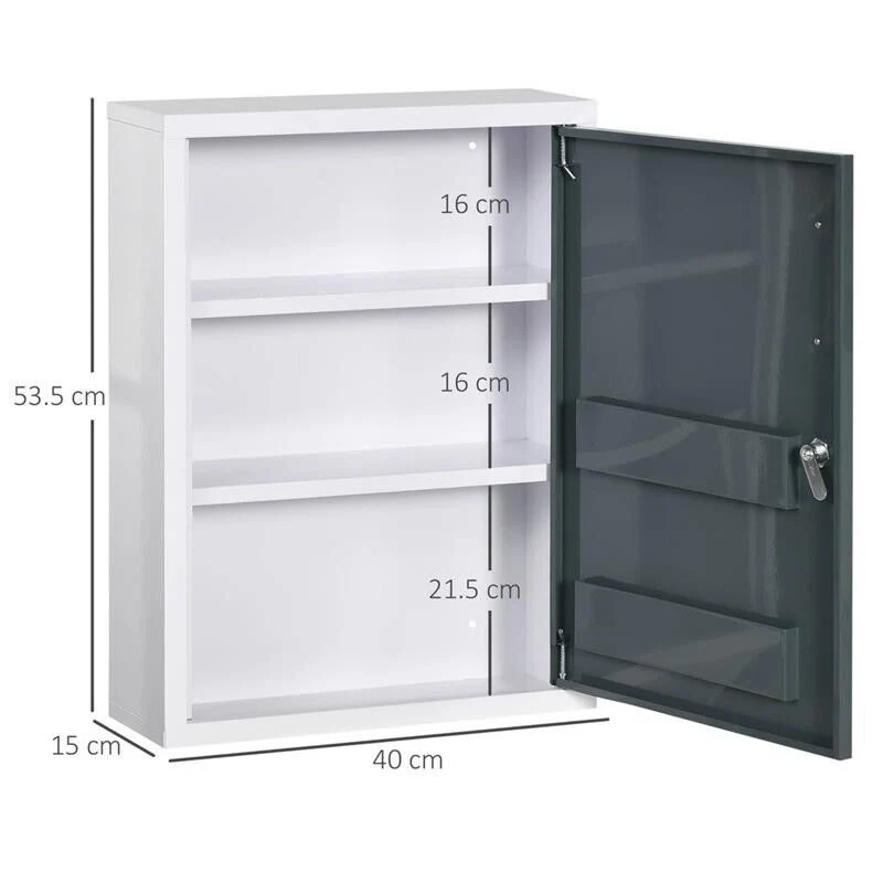 ARMADIETTO MEDICINALI CON 3 RIPIANI E BLOCCO CON CHIAVI IN ACCIAIO, 40X15X53.5CM, BIANCO E GRIGIO - Image 8