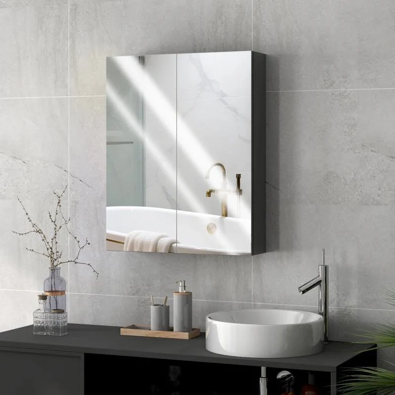 ARMADIETTO PENSILE BAGNO 2 ANTE CON SPECCHIERA E 2 RIPIANI INTERNI IN MDF, 60X15X75 CM, NERO - Image 2