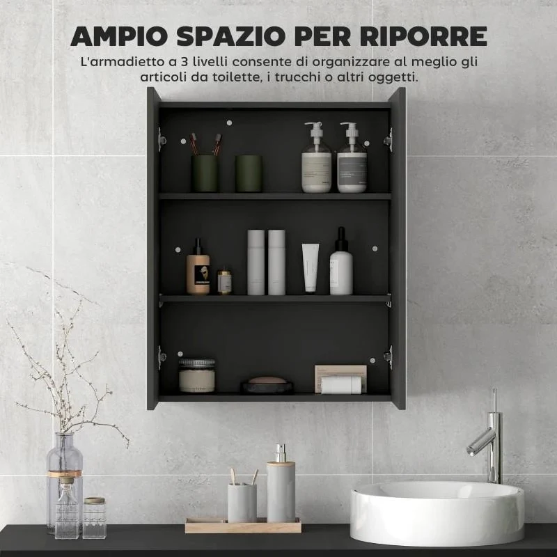 ARMADIETTO PENSILE BAGNO 2 ANTE CON SPECCHIERA E 2 RIPIANI INTERNI IN MDF, 60X15X75 CM, NERO - Image 4